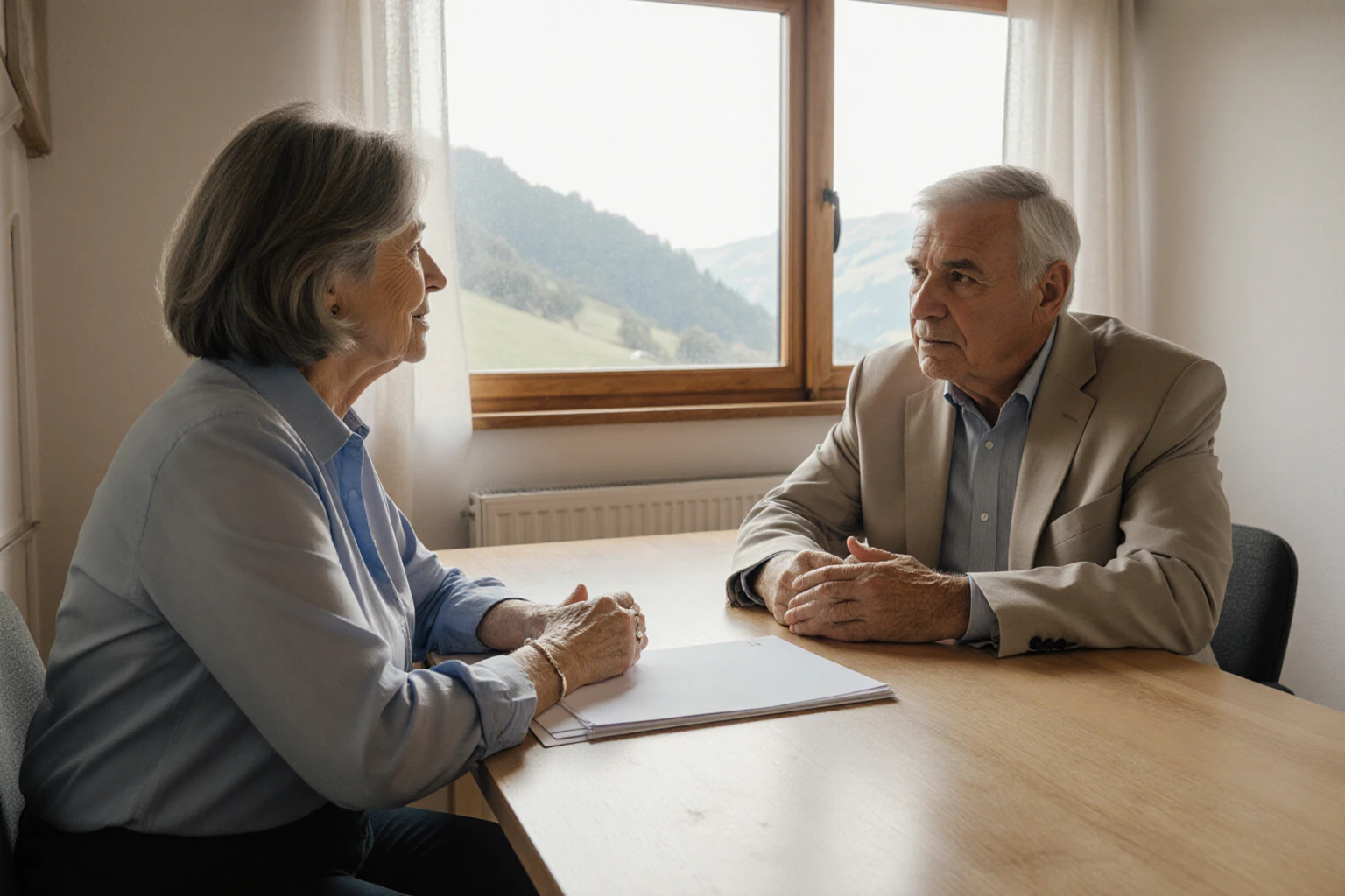 Zwei ältere Menschen im Gespräch an einem Tisch in Tirol